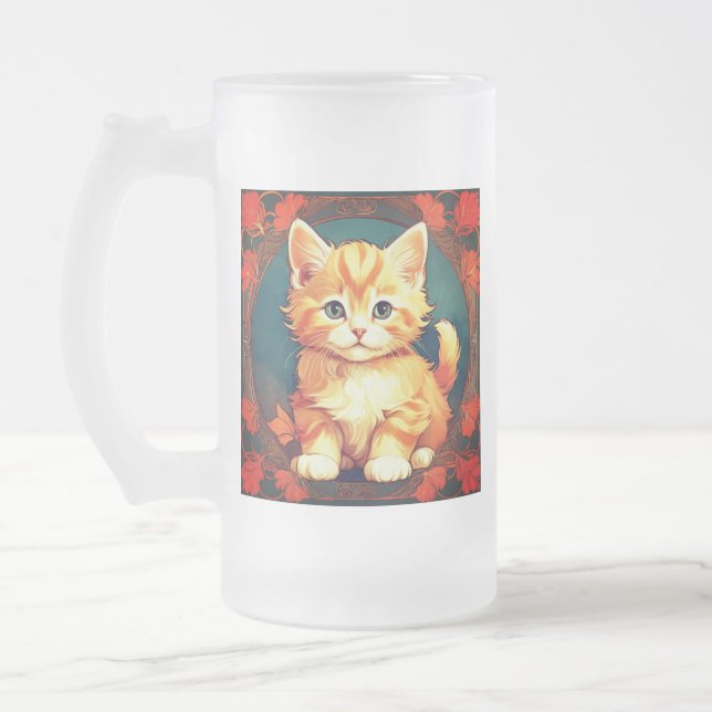 Alphonse Mucha Style Orange Cat Mattglas Bierglas (Links)