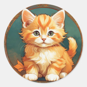 Alphonse Mucha Style Orange Cat Runder Aufkleber