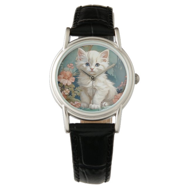 Alphonse Mucha Style White Cat Armbanduhr (Vorderseite)