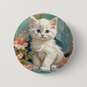 Alphonse Mucha Style White Cat Button