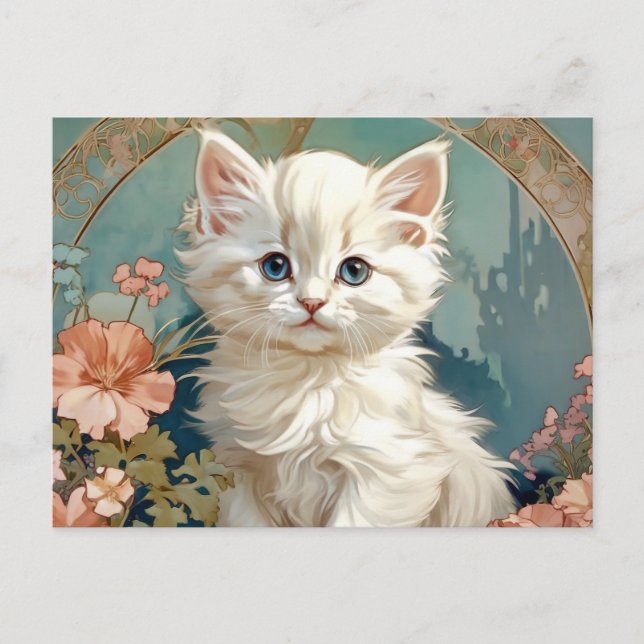 Alphonse Mucha Style White Cat Feiertagspostkarte (Vorderseite)