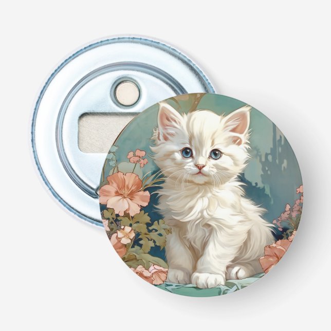 Alphonse Mucha Style White Cat Flaschenöffner (Vorderseite)