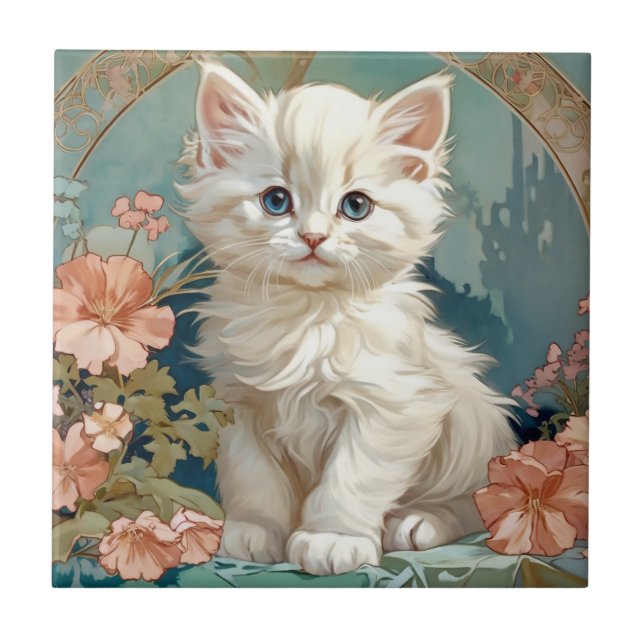 Alphonse Mucha Style White Cat Fliese (Vorderseite)