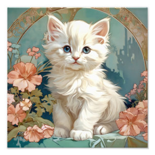 Alphonse Mucha Style White Cat Fotodruck