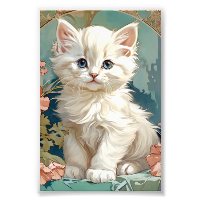 Alphonse Mucha Style White Cat Fotodruck (Vorne)