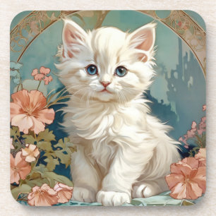 Alphonse Mucha Style White Cat Getränkeuntersetzer