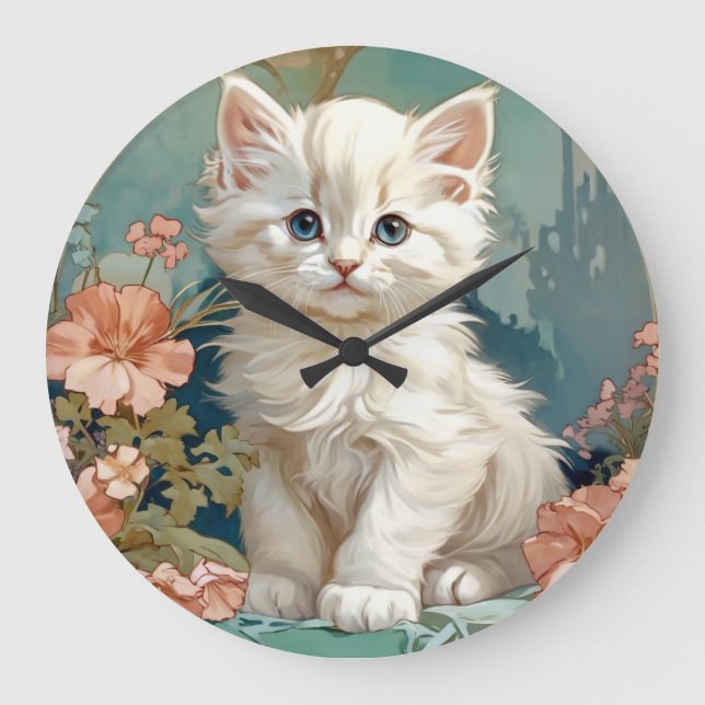 Alphonse Mucha Style White Cat Große Wanduhr (Vorderseite)