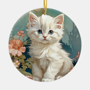 Alphonse Mucha Style White Cat Keramik Ornament