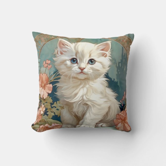 Alphonse Mucha Style White Cat Kissen (Vorderseite)