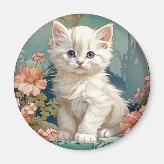 Alphonse Mucha Style White Cat Magnet (Vorne)