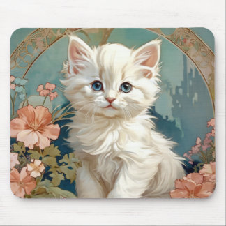 Alphonse Mucha Style White Cat Mousepad