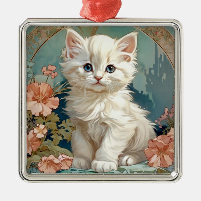 Alphonse Mucha Style White Cat Ornament Aus Metall (Vorne)