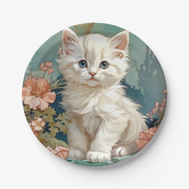 Alphonse Mucha Style White Cat Pappteller (Vorderseite)