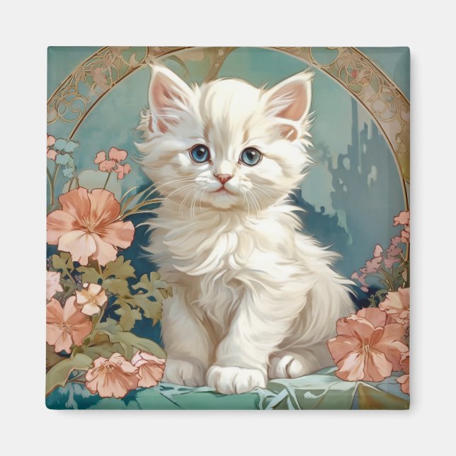 Alphonse Mucha Style White Cat, Persische Kätzchen Magnet (Vorne)