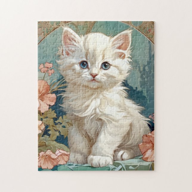 Alphonse Mucha Style White Cat Puzzle (Vertikal)