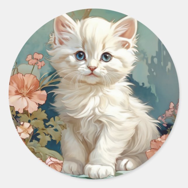 Alphonse Mucha Style White Cat Runder Aufkleber (Vorderseite)