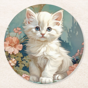 Alphonse Mucha Style White Cat Runder Pappuntersetzer