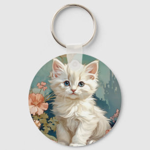 Alphonse Mucha Style White Cat Schlüsselanhänger