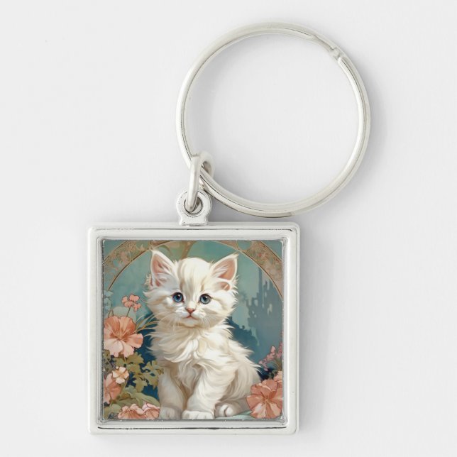 Alphonse Mucha Style White Cat Schlüsselanhänger (Vorne)