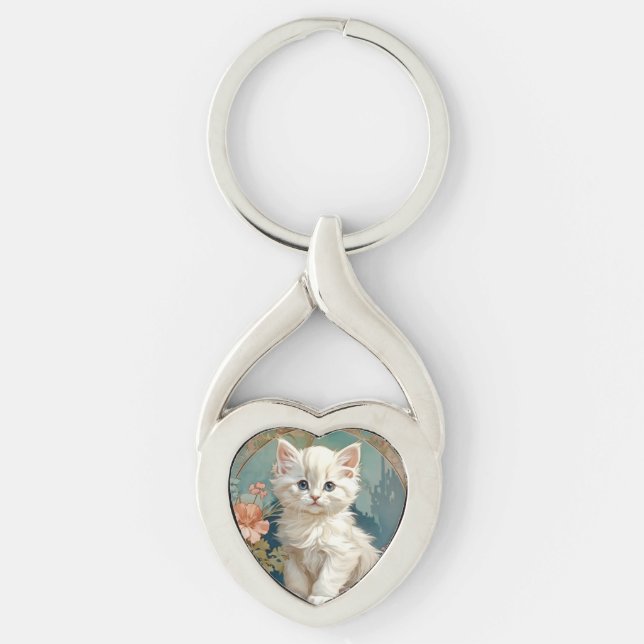 Alphonse Mucha Style White Cat Schlüsselanhänger (Vorderseite)
