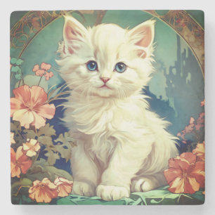 Alphonse Mucha Style White Cat Steinuntersetzer