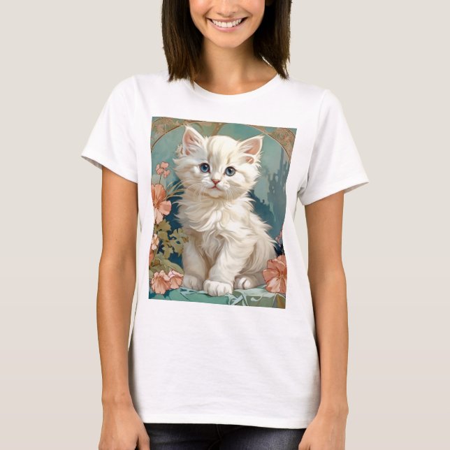 Alphonse Mucha Style White Cat T-Shirt (Vorderseite)