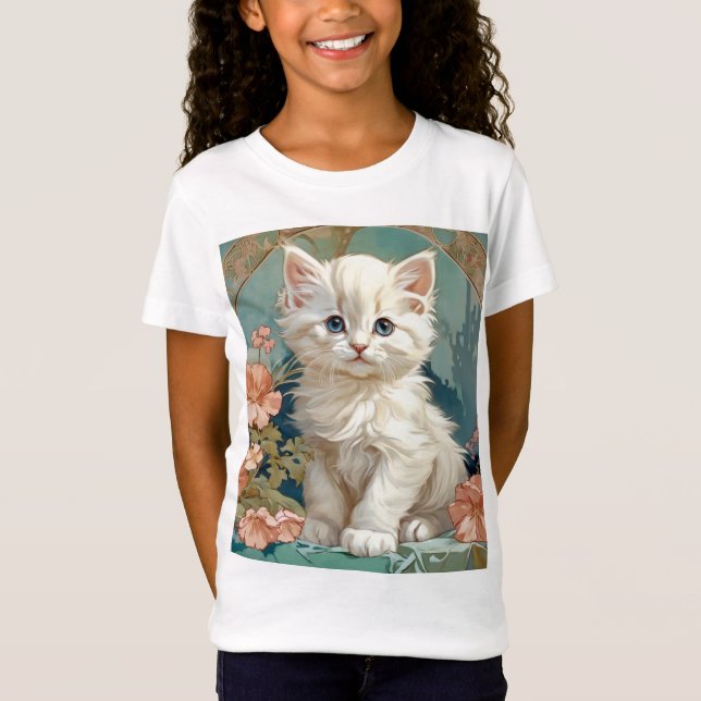 Alphonse Mucha Style White Cat T-Shirt (Vorderseite)