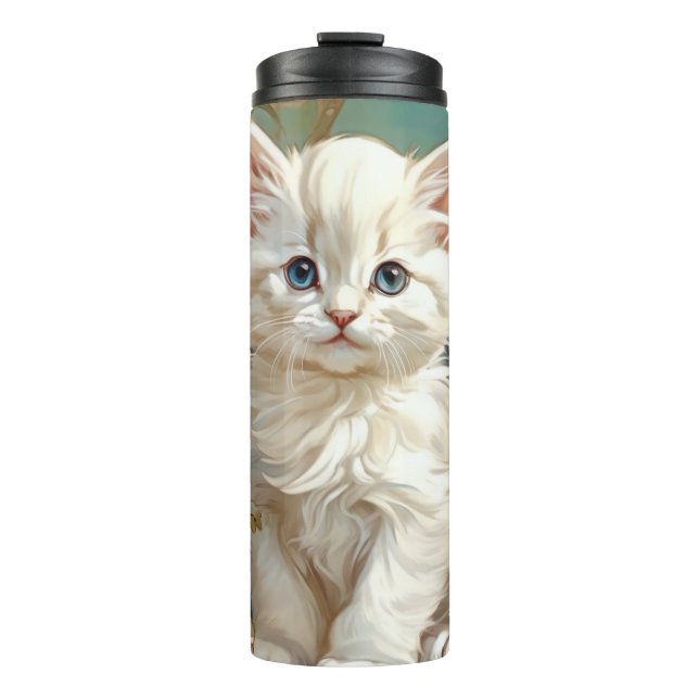 Alphonse Mucha Style White Cat Thermosbecher (Vorderseite)