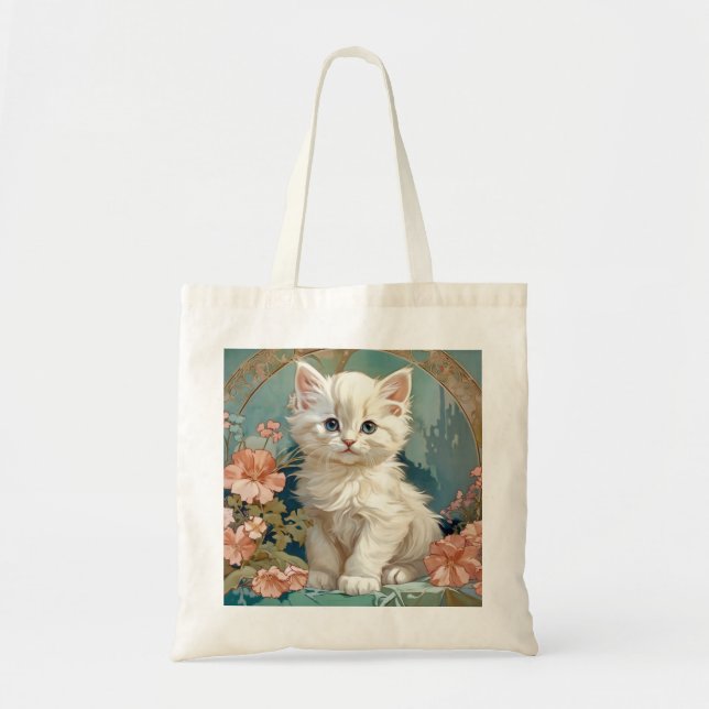 Alphonse Mucha Style White Cat Tragetasche (Vorne)