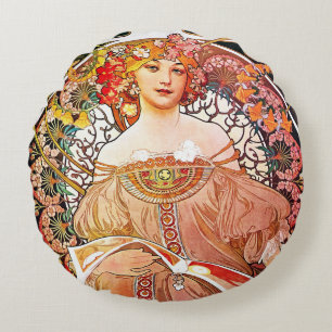 Alphonse Mucha Tagtraum Florale Vintage Art Nouvea Rundes Kissen