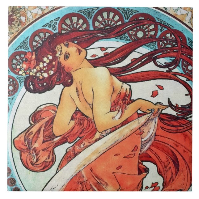 Alphonse Mucha Tanz Vintage Jugendstil-Malerei Fliese (Vorderseite)