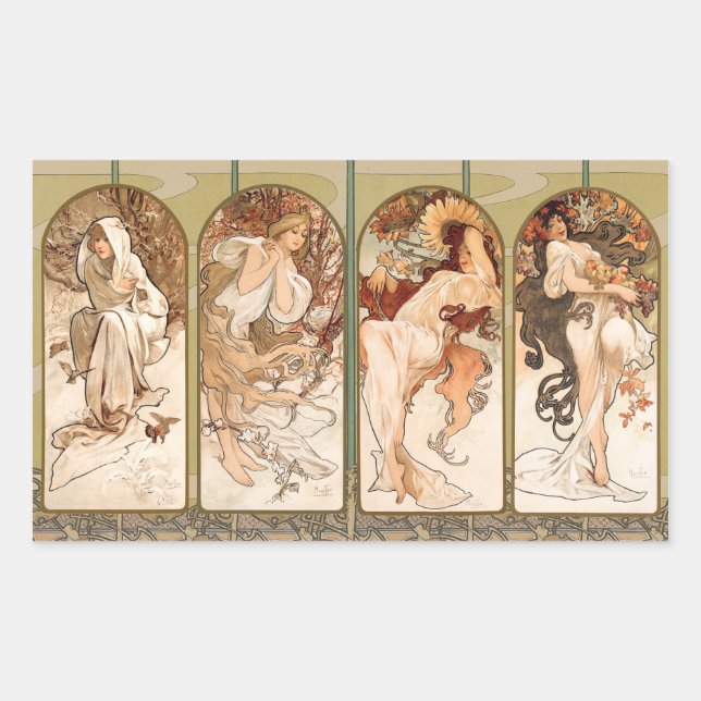 Alphonse Mucha The Seasons 1897 Art Nouveau Rechteckiger Aufkleber (Vorderseite)