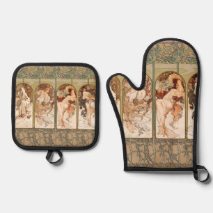 Alphonse Mucha Vier Jahreszeiten 1897 Art Nouveau Ofenhandschuh & Topflappen-Set