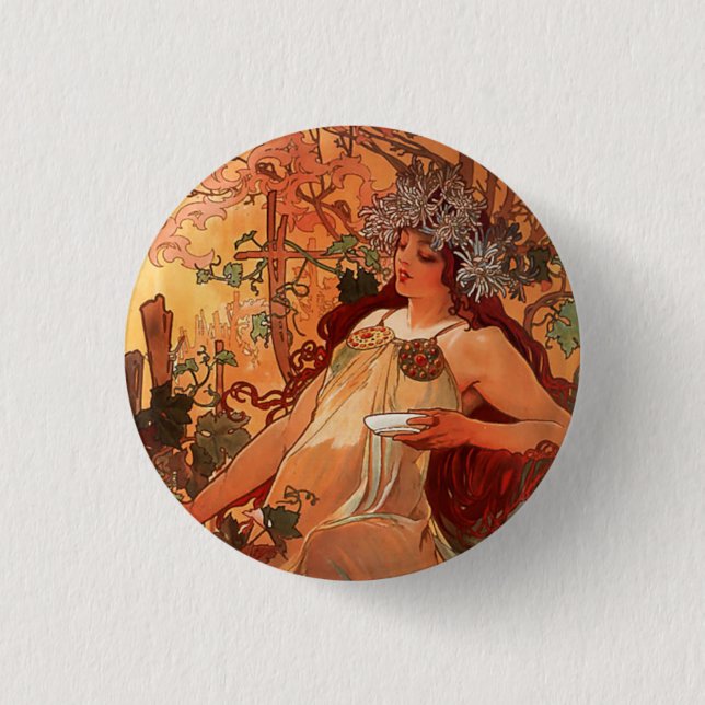 Alphonse Mucha, Vier Jahreszeiten, Herbst Button (Vorderseite)