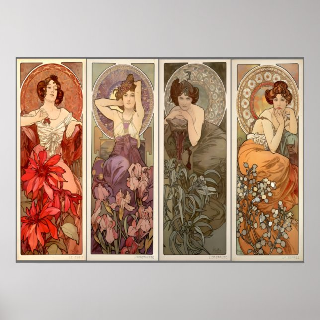 Alphonse Mucha, vier Wertvolle Steine Poster (Vorne)