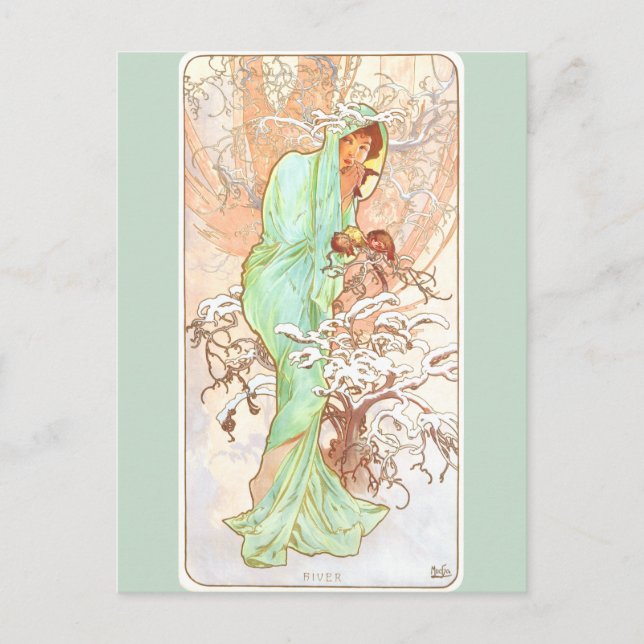 Alphonse Mucha Winter Vintage Jugendstil-Malerei Postkarte (Vorderseite)