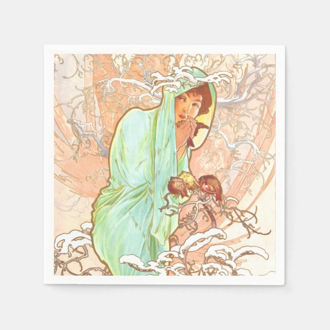 Alphonse Mucha Winter Vintage Jugendstil-Malerei Serviette (Vorderseite)