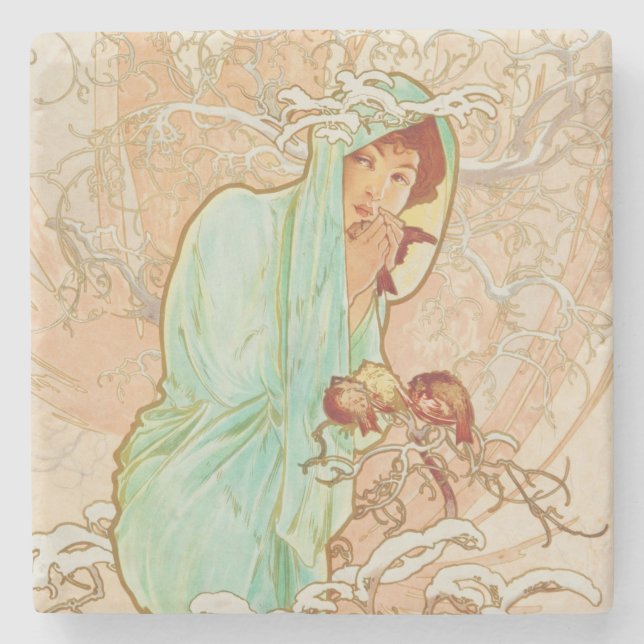 Alphonse Mucha Winter Vintage Jugendstil-Malerei Steinuntersetzer (Vorderseite)