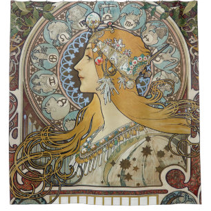 Alphonse Mucha Zodiac Reloring Duschvorhang