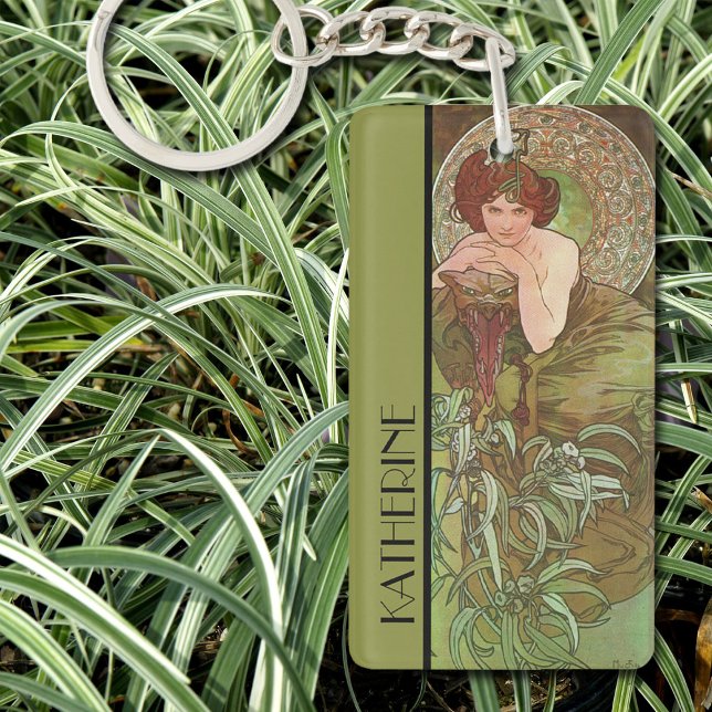 Alphonse Muchas Wertvolle Stones Emerald Schlüsselanhänger (Art Nouveau illustration by Alphonse Mucha.  Small enough to carry in your pocket.  Great gift idea.)
