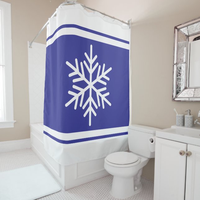 Alpin Schneeflocke Tiefblau Weiße Winter Streifen Duschvorhang (Beispiel)