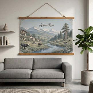 Alpine Bliss Weiß Blaue Schneeberge Wiesen Wandteppich Mit Holzrahmen