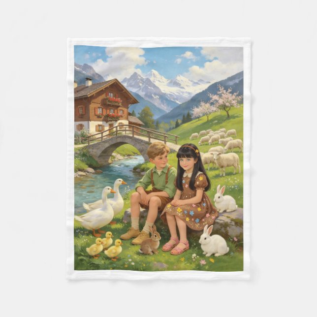 Alpine Kinder und Bauernhoftiere Fleece-Decke Fleecedecke (Vorderseite)