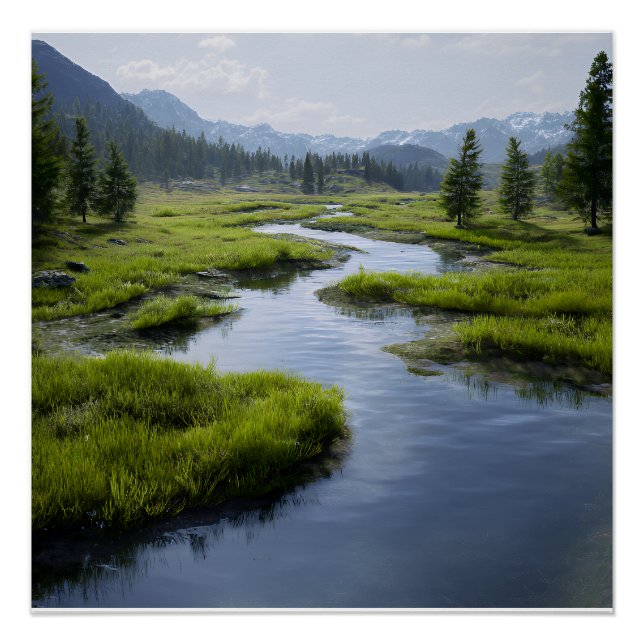 Alpine Valley Stream Green Meadows Snowy Peaks Poster (Vorderseite)