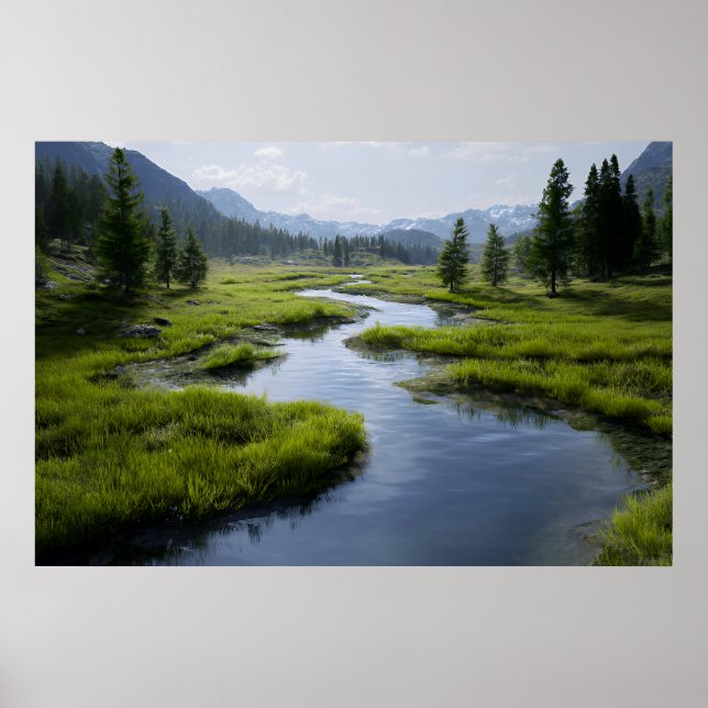 Alpine Valley Stream Green Meadows Snowy Peaks Poster (Vorne)