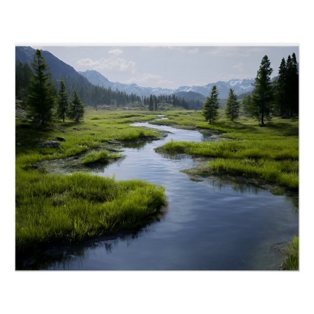 Alpine Valley Stream Green Meadows Snowy Peaks Poster (Vorderseite)