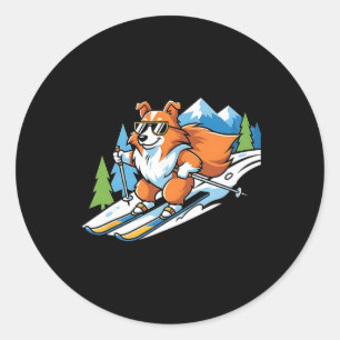 Alpiner Corgi auf Skiern Coole Sonnenbrille Winter Runder Aufkleber