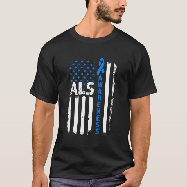 Als Awareness Blue Ribbon US Flag T-Shirt (Vorderseite)