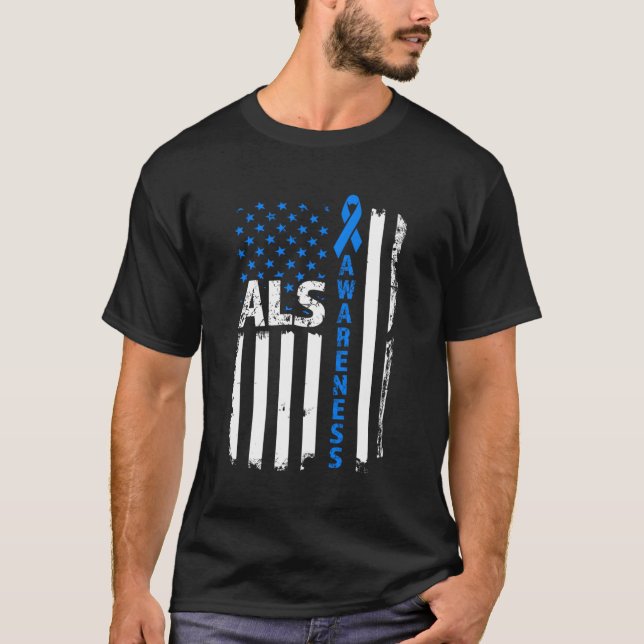 Als Awareness Blue Ribbon US Flag T-Shirt (Vorderseite)