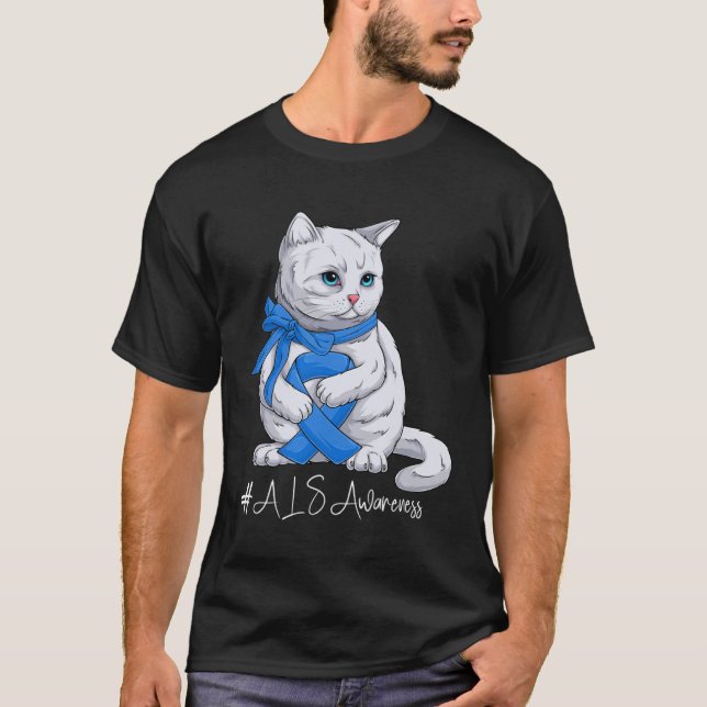ALS Awareness Month Blue Ribbon Cat T-Shirt (Vorderseite)
